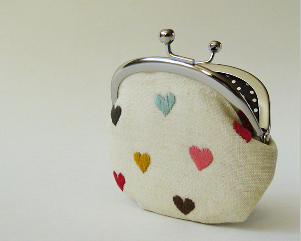 Multi-color hearts on linen coin purse from OKTAK