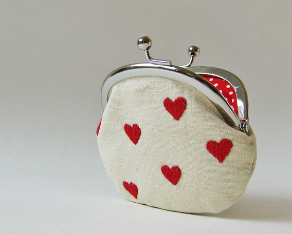 Red hearts on linen coin purse from OKTAK