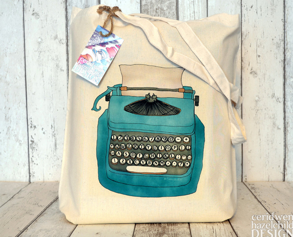 Ceridwen Hazelchild Design - Blue Typewriter Eco Cotton Tote Bag
