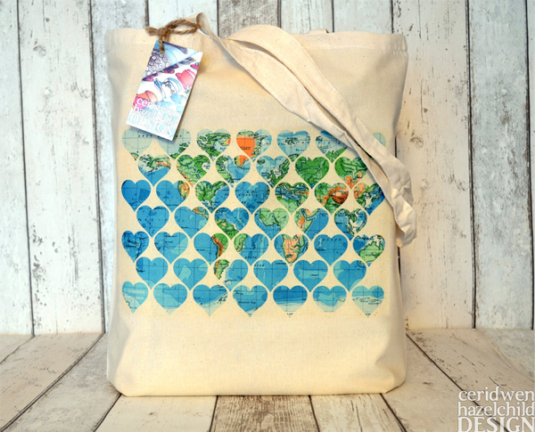 Ceridwen Hazelchild Design - Vintage World Map Hearts Eco Cotton Tote Bag