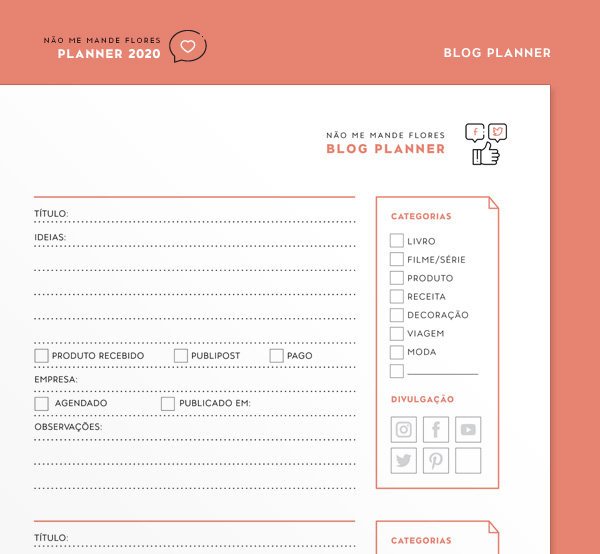 Blog Planner 2020 - Não Me Mande Flores | download gratuito / freebie
