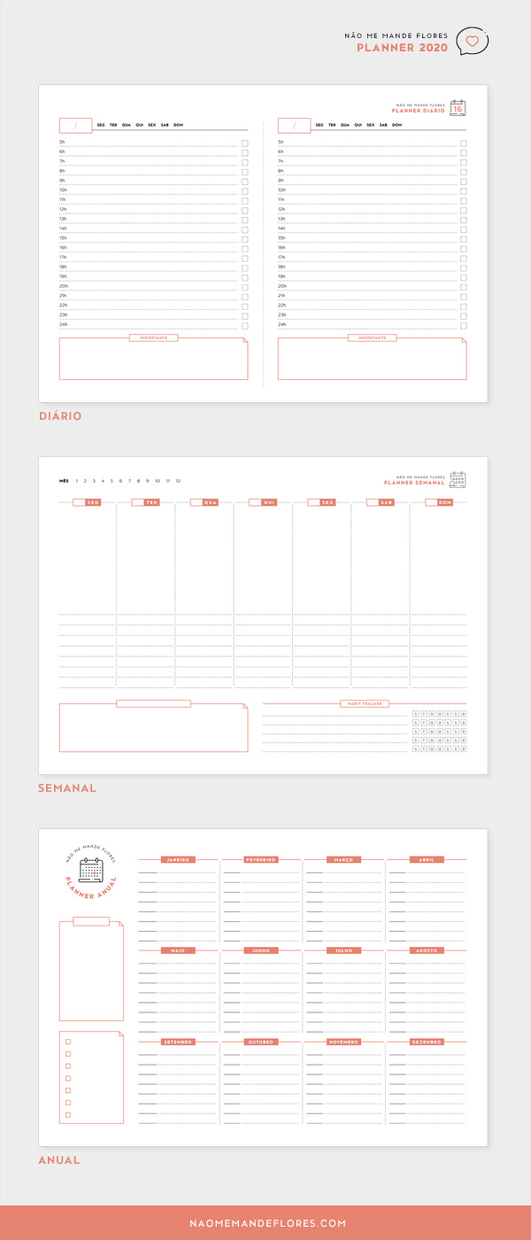 Planner 2020 Diário, Semanal e Anual | Não Me Mande Flores - download gratuito | freebie