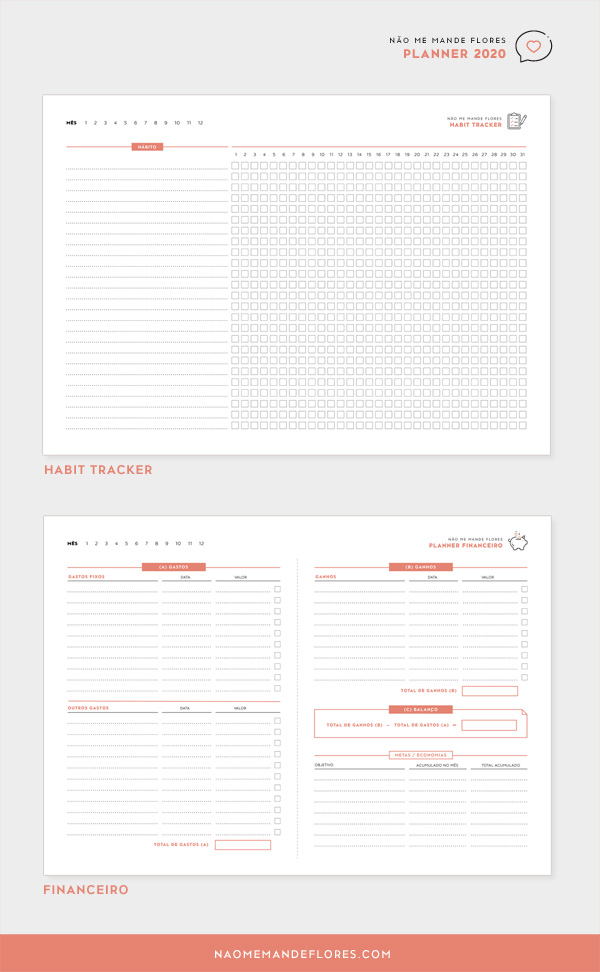 Habit Tracker e Planner Financeiro 2020 | Não Me Mande Flores - download gratuito | freebie