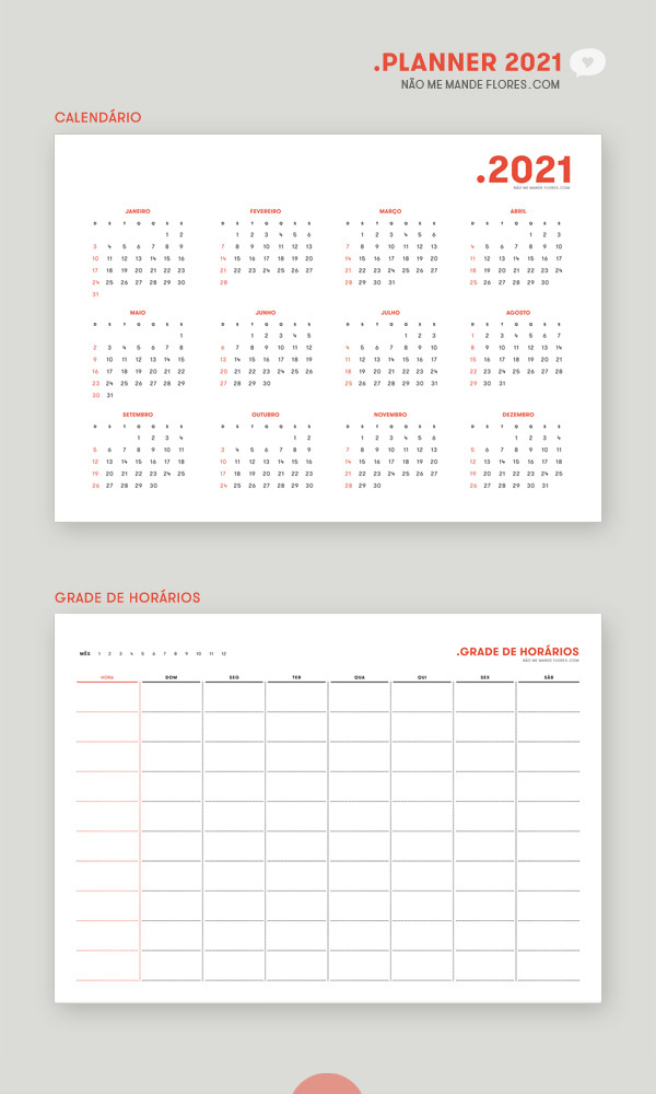 Planner 2021 Calendário e Grade de Horários • Não Me Mande Flores - download GRATUITO - freebie