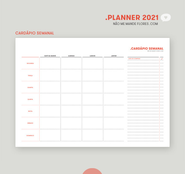 Planner 2021 Cardápio Semanal • Não Me Mande Flores - download GRATUITO - freebie