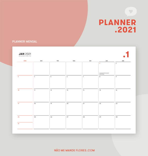Planner 2021 Mensal • Não Me Mande Flores - download GRATUITO - freebie